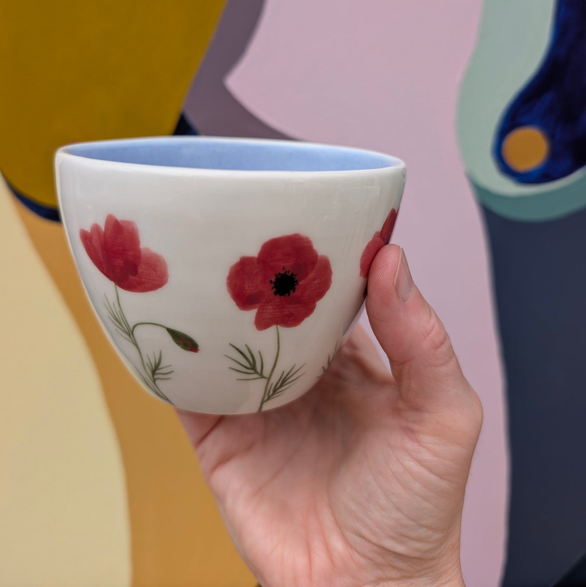 Kop, Valmuer porcelæn blå glasur, Stor